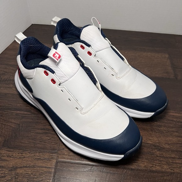FootJoy Men's Teen Boys Tour Rival Golf Shoe size 7 White Navy Pulsar LP cleats